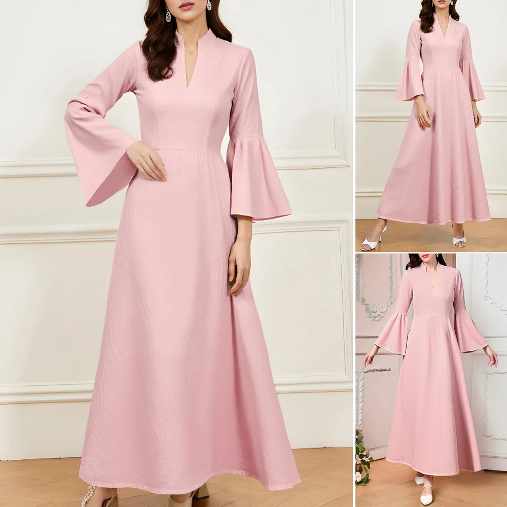 Rafiah Summer Long Dresses 2025 Decent Elegant Solid Color Long Sleeve V-Neck Midi A-Line Evening Dresses For Women