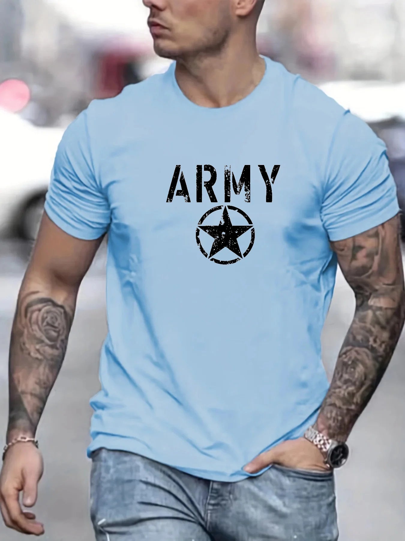 Men's summer 100 cotton fashionable casual loose sports ARMY and five pointed star printed round neck short sleeved T-shirt top