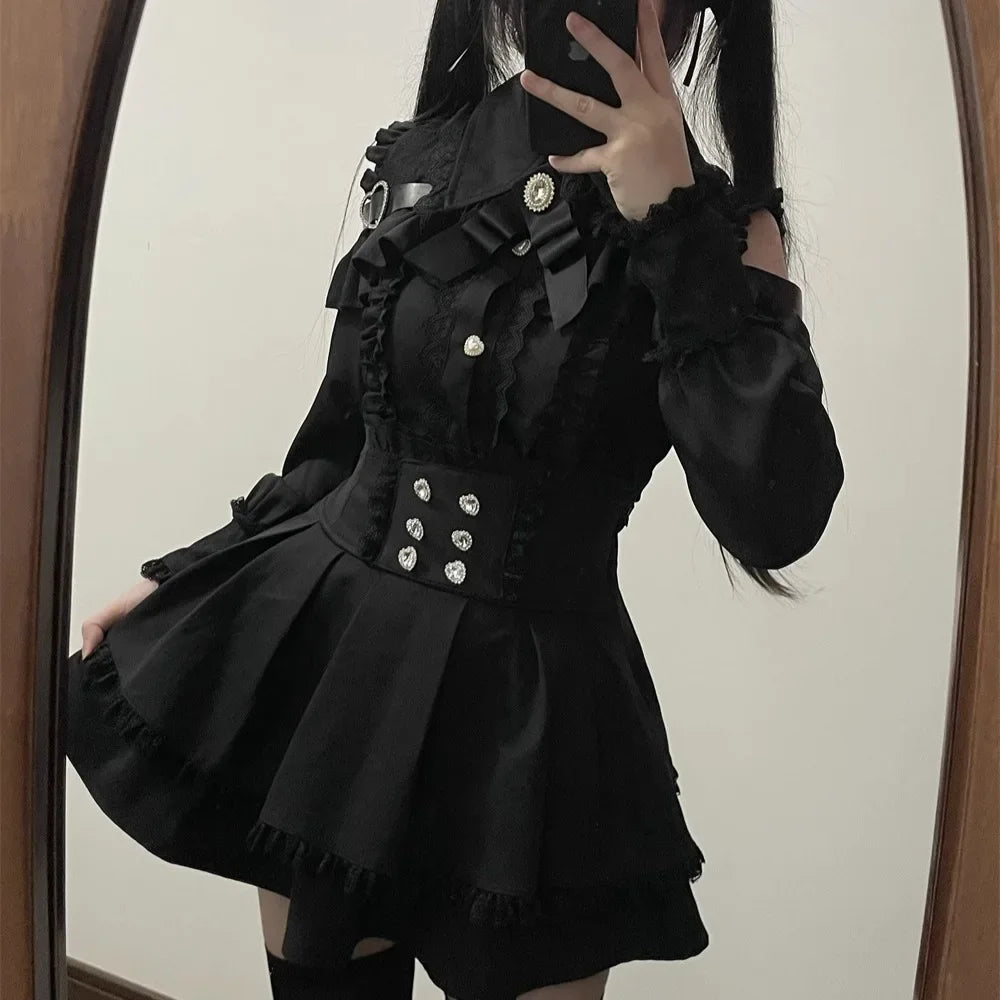 Kawaii Off Shoulder Long Sleeve Shirts Women Black Short Skirt Set Y2K Gothic Ruffle Skirts Lace Lolita Shirt Gown Suit 