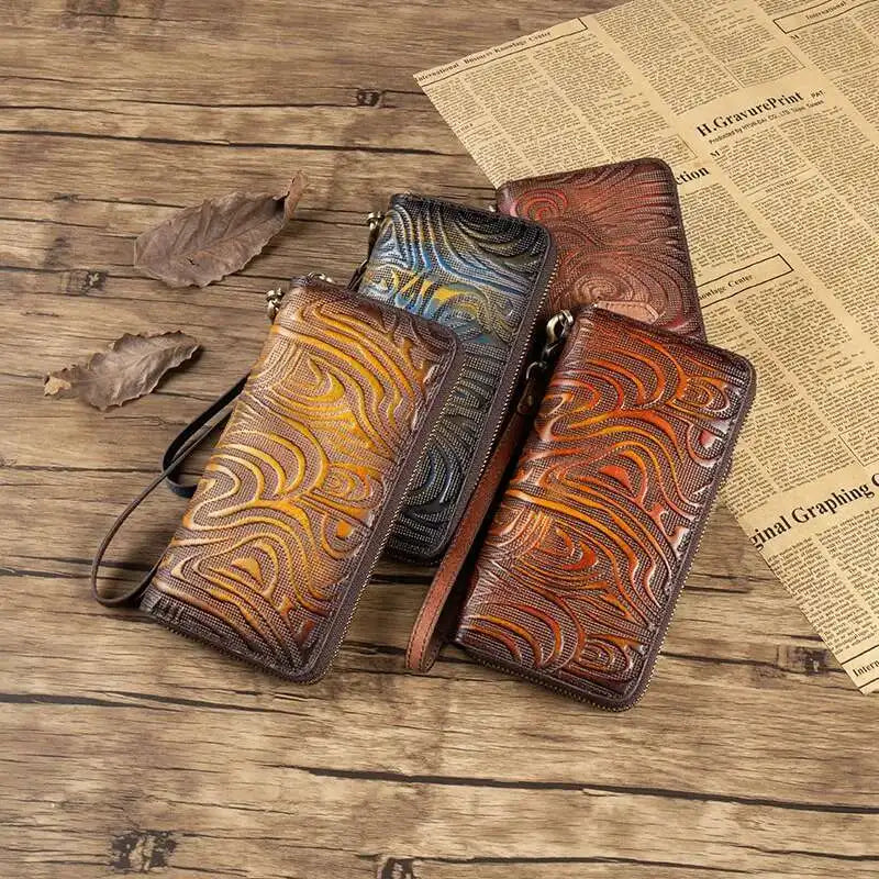 MOTAORA Women's Genuine Leather Long Wallet Retro Vintage Cowhide Bifold Card Holder Phone Purse Handmade Zipper Coin Pocket
