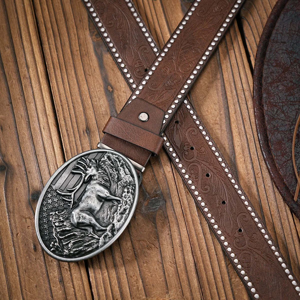 Men - Women - Western Denim - pu leather - Belt - Vintage jeans with carved buckle belt