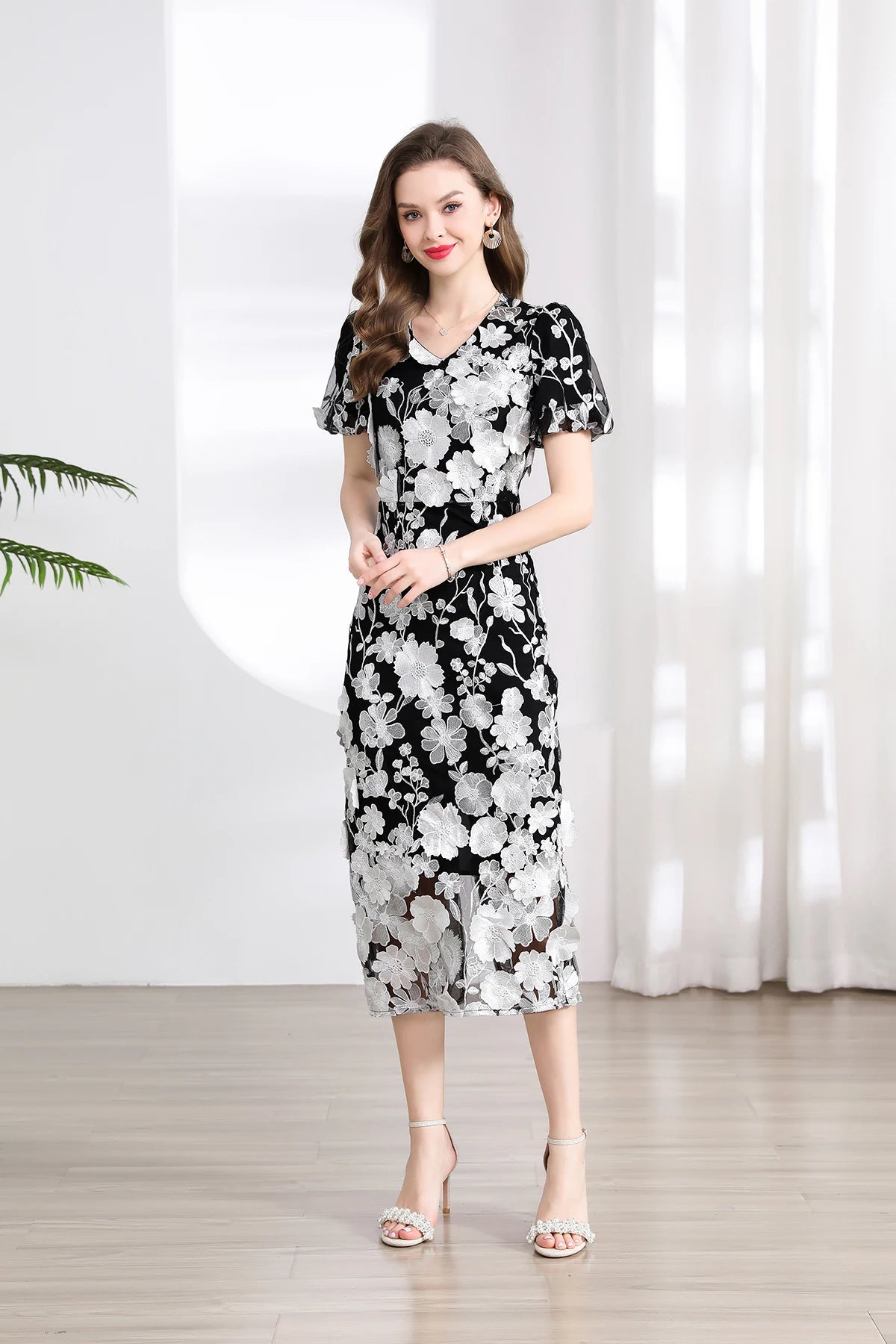 Summer High-end Embroidery Lace Prom Dress Women French Luxury 3D Flower Short Sleeve Long Dress Party Bodycon Holiday Vestido