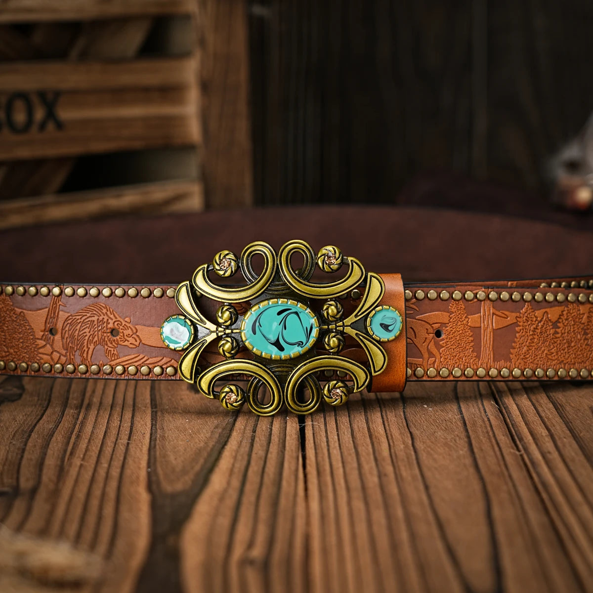 Men - Women - Western Denim - pu leather - Belt - Vintage jeans with floral carved buckle belt
