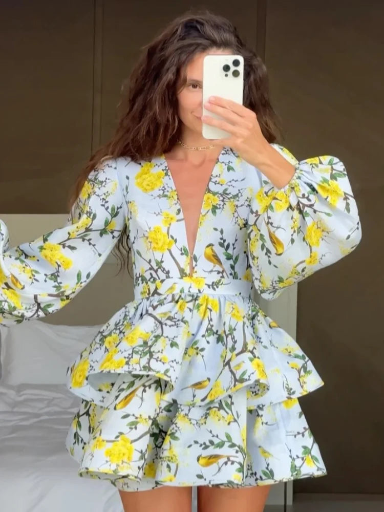 Floral Ruffled Hem Mini Dress – Women’s Deep V-Neck Lantern Sleeve Elegant Party Outfit
