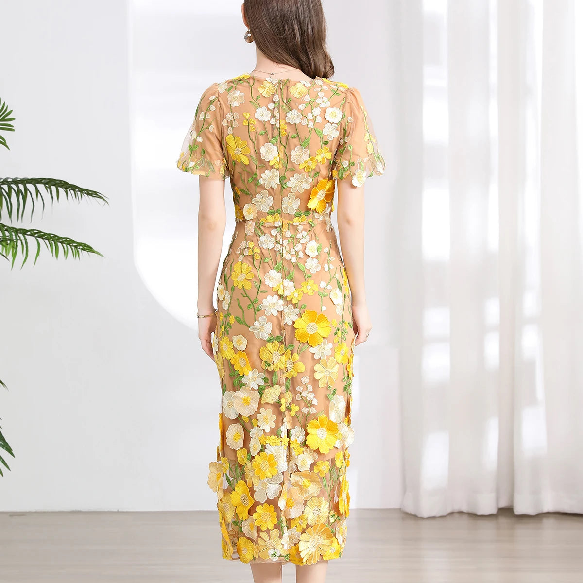 Summer High-end Embroidery Lace Prom Dress Women French Luxury 3D Flower Short Sleeve Long Dress Party Bodycon Holiday Vestido