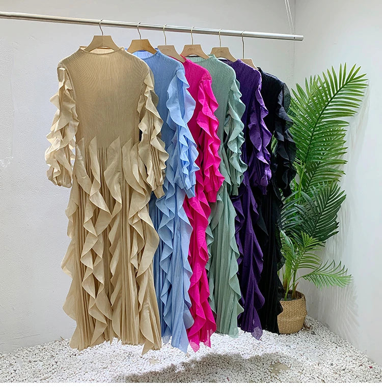 Fashion Ruffles Pleated Dress Women Round Neck Flare Sleeves Solid Maxi Belt Dresses Party 2025 Autumn New