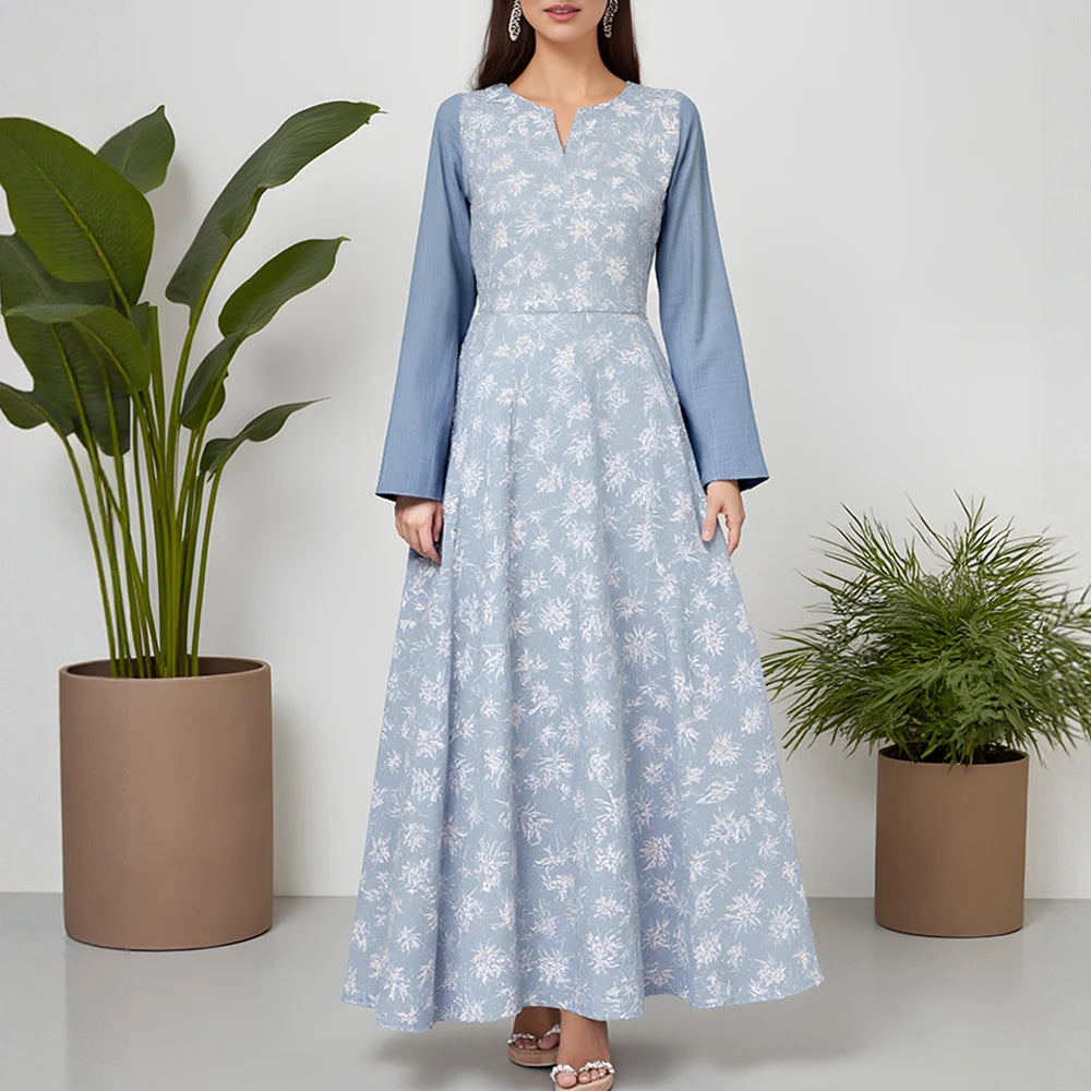 Rafiah Summer Dresses 2025 Women's Elegant Full Print Patchwork Long Sleeve Split Neck Midi A-Line Basics Arabian Dress