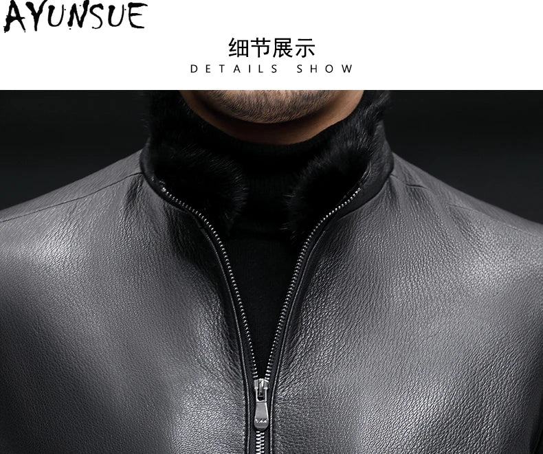 AYUNSUE 100% Real Goatskin Men Leather Jacket Stand Collar Detachable Down Liner and Mink Fur Liner Jackets Winter Mens Fur Coat