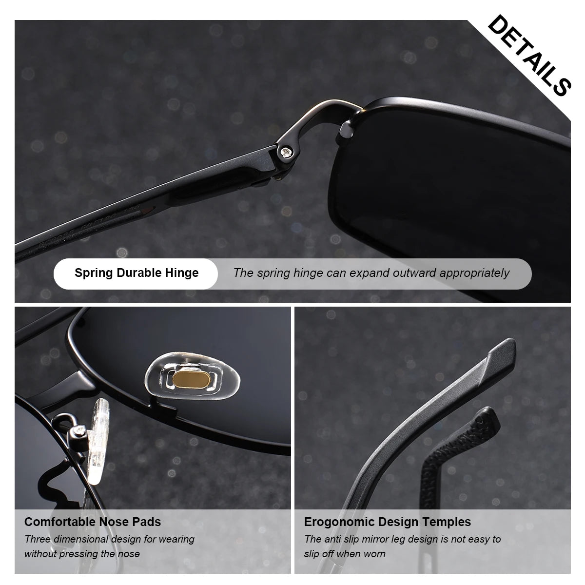 BARCUR Luxury Brand Square Men Polarized Sunglasses Stainless Steel Frame Metal Spring Feet Comfort Outdoor Activities Glasses