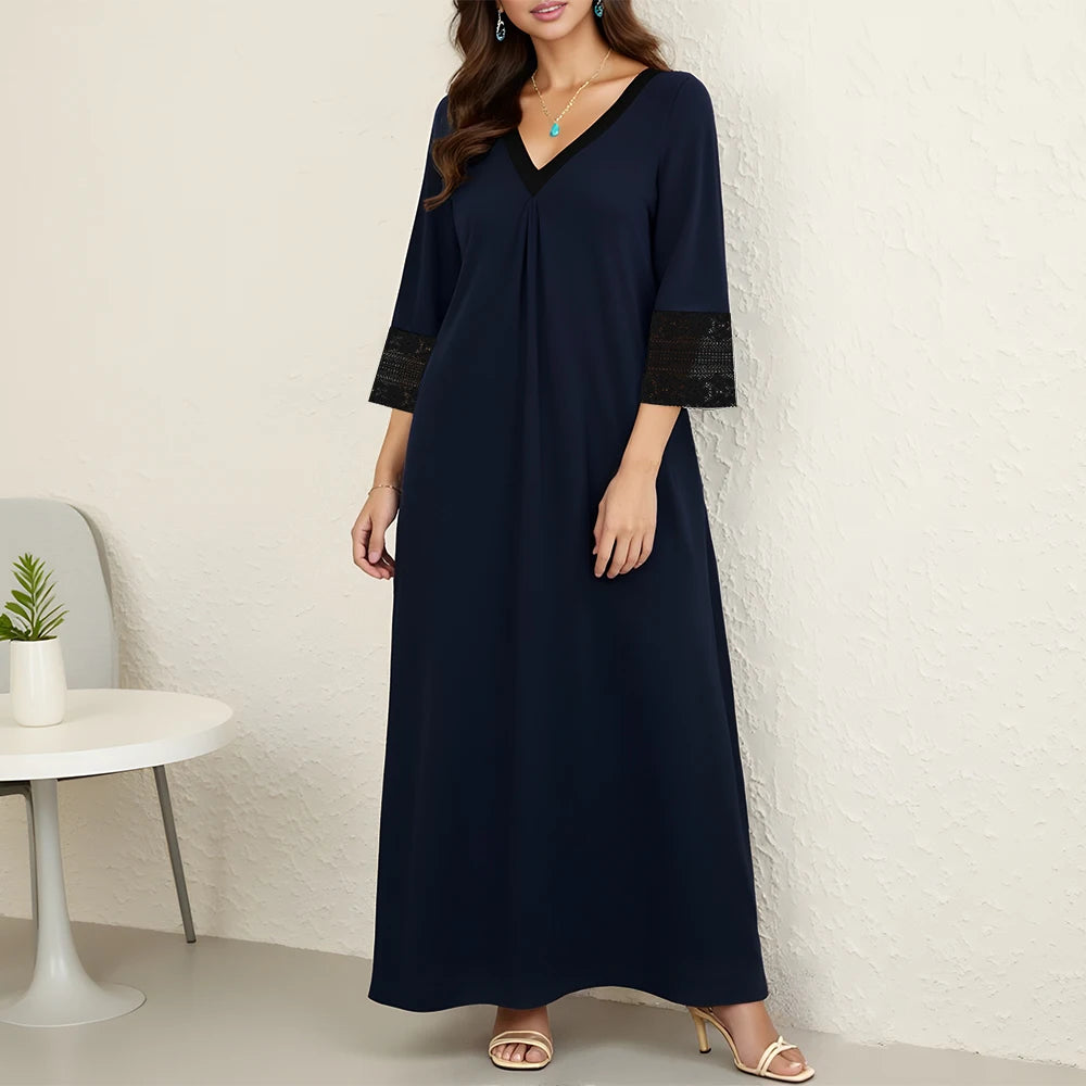 Rafiah Women's Summer Dress Simple Comfortable Plain Flare Sleeve V-Neck Mixi Shift Dresses Casual Arabian Dress