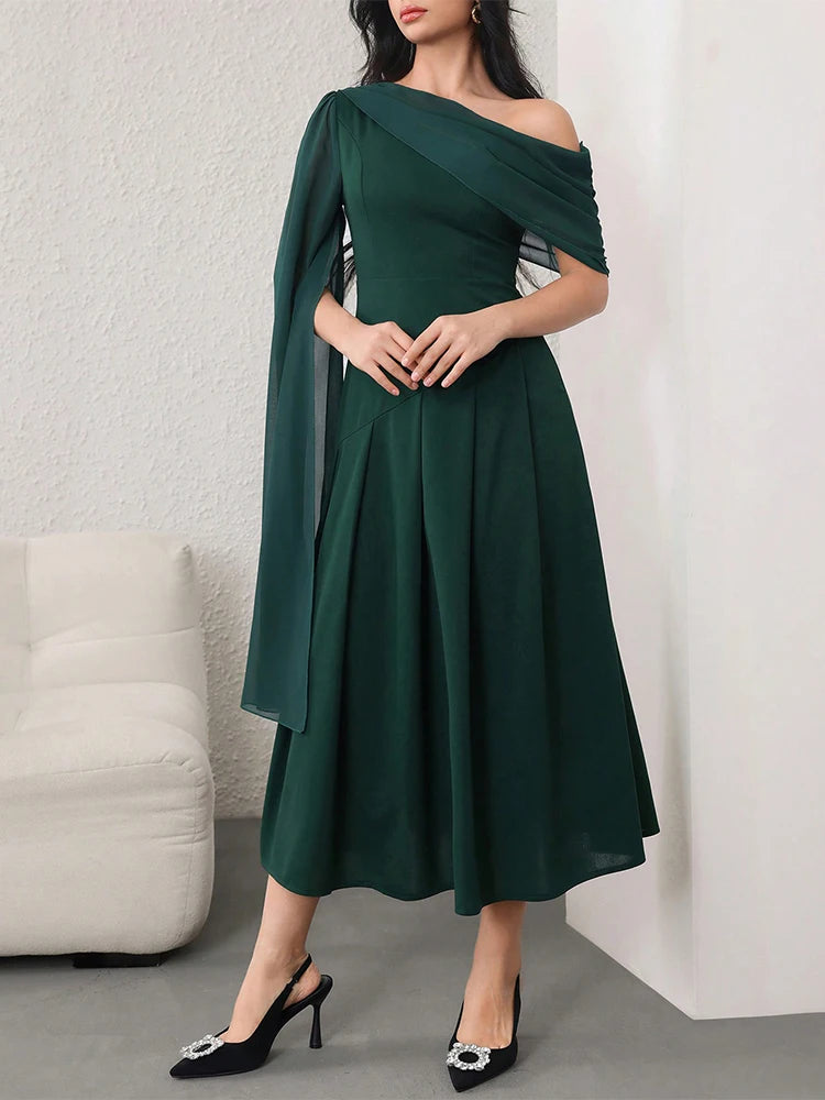 Rafiah Women's Summer Dress 2025 Elegant Asymmetrical Solid Color Long Sleeve Patchwork Mesh Dress Party Dresses