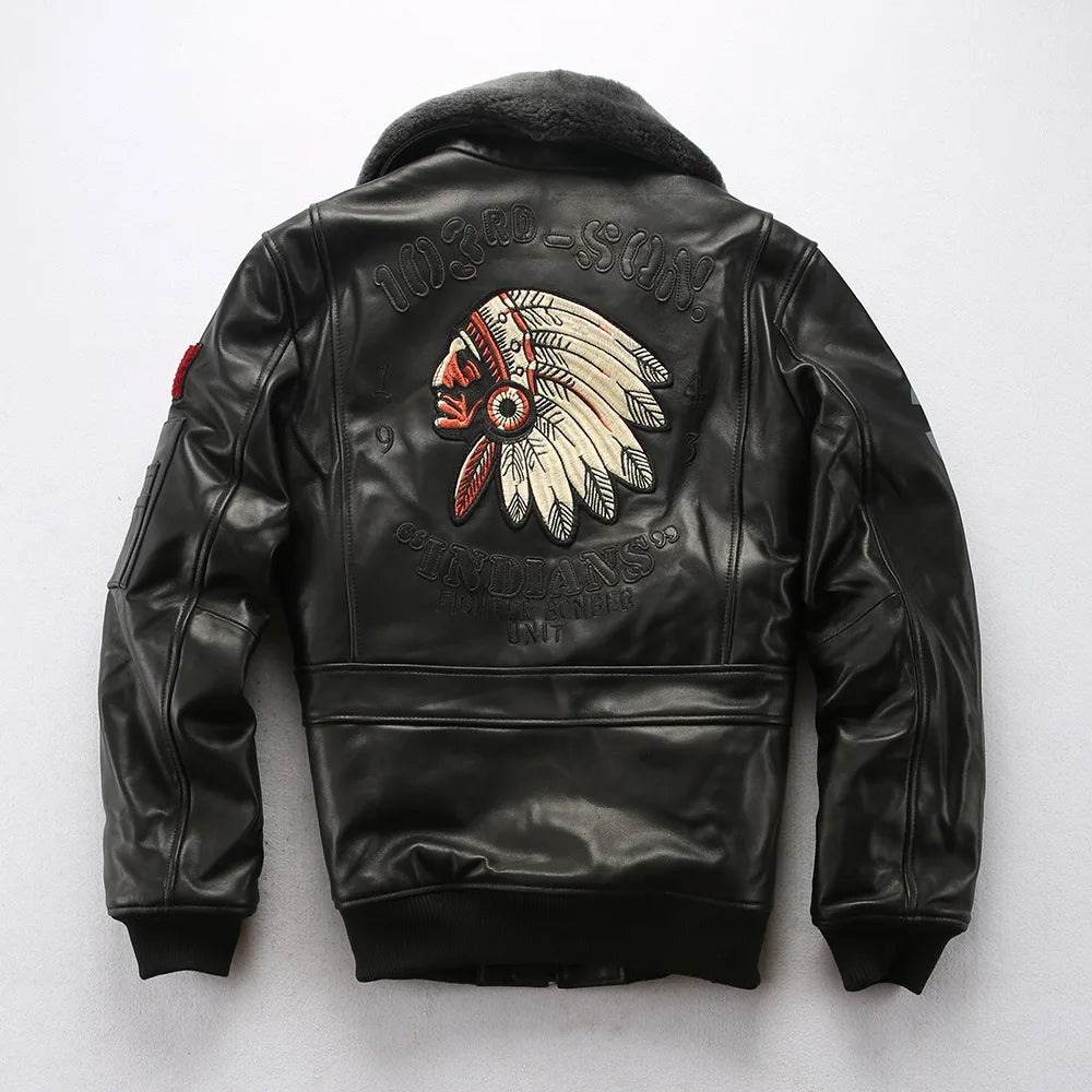 Sheepskin G1 Pilot Clothing Leather Jacket Wool Collar Indian Portrait Embroidery men's Genuine Leather coat Casual Fashion top