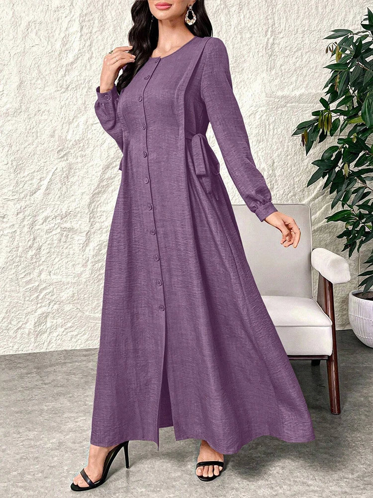 Rafiah Casual Arabic Style Single-Breasted Dress with Side Knot and Round Neck in Solid Color for Women Casual Daily A-Line