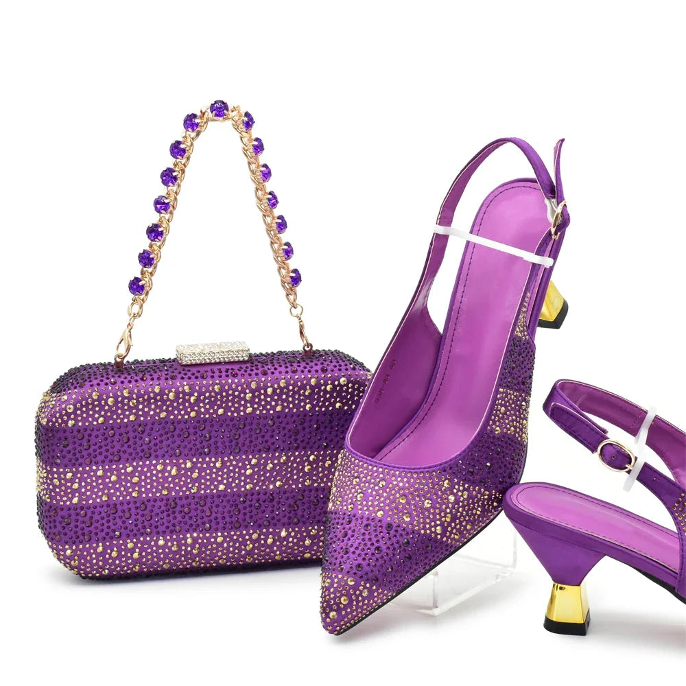 African Shoe and Bags Set for Wedding Women Shoes and Bags To Match Set with Rhinestone Italy Lady Pumps Women Shoes Luxury