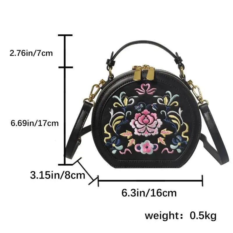 MOTAORA Small Round Women's Shoulder Bag Handmade Leather Embroidered Floral Purse for Teenage Girls Crossbody Bags