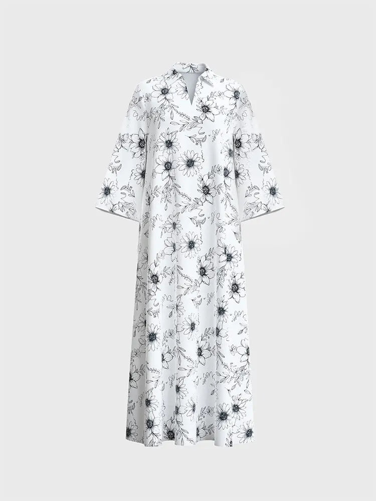 Rafiah Women's Dresses Summer Elegant 2025 Floral Opulent Long Sleeve Shirt Collar A-Line Midi Vacation Long Dresses