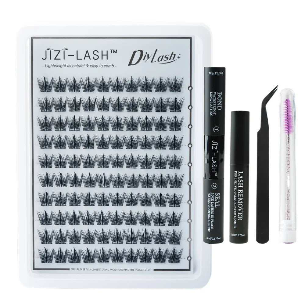 JIZI-LASH False Eyelashes Extensions Kit Lash Bond and Seal Lashes Remover Set 100Pcs DIY Long Clusters D Curved Make Up Tool