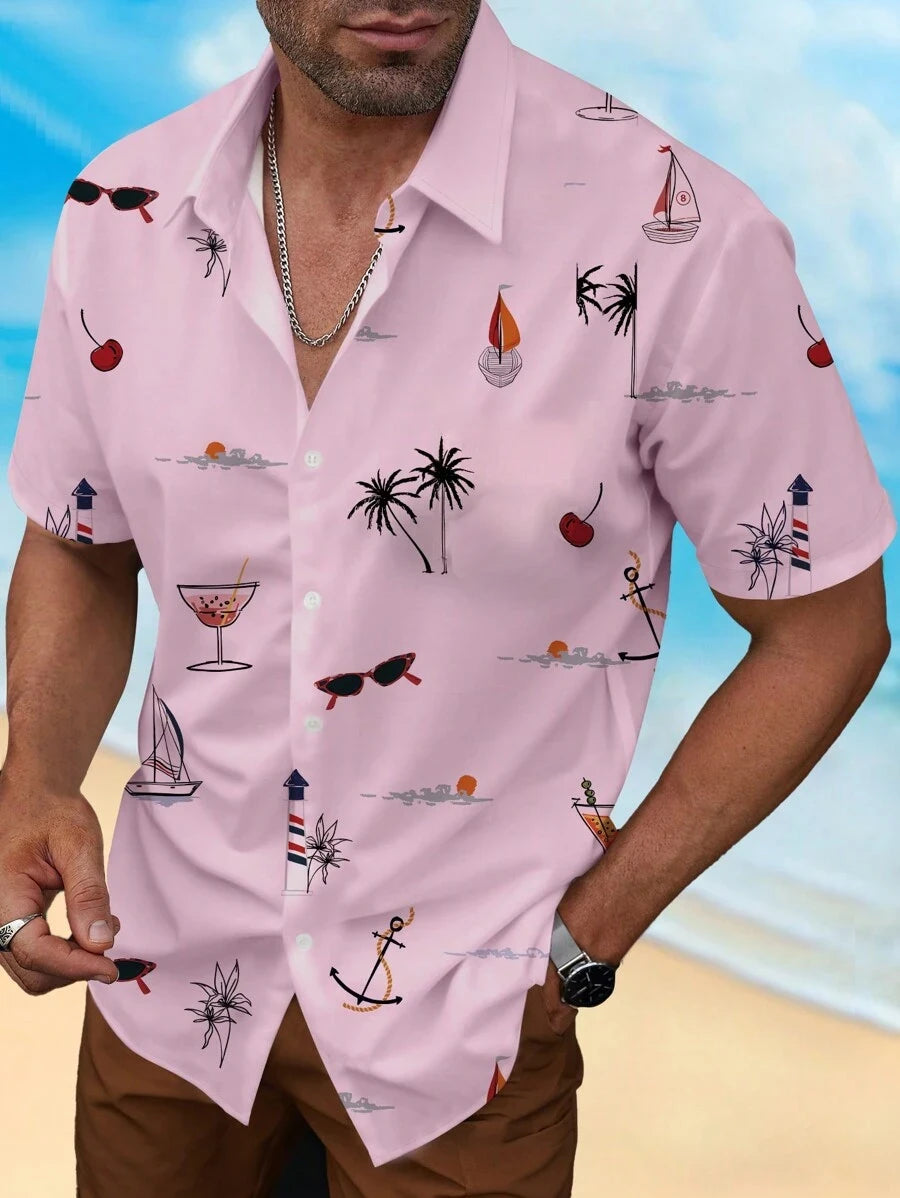 Men's Woven Fashion Casual Beach Surf Holiday Palm Tree Pattern Slim Fit Short Sleeve Shirt