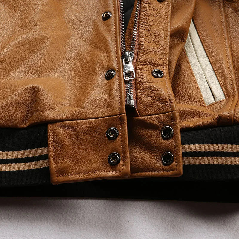 Men large size leather jacket flight suit jacket printed big chief embroidery casual sports yellow cowhide leather jackets tops