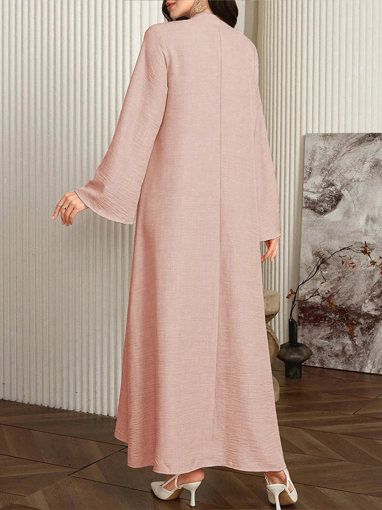 Rafiah Women's Even Dress 2025 Modest Fashion Embroidery Long Sleeve Half Open Neck Midi Kaftan Jalabiya Long Dress