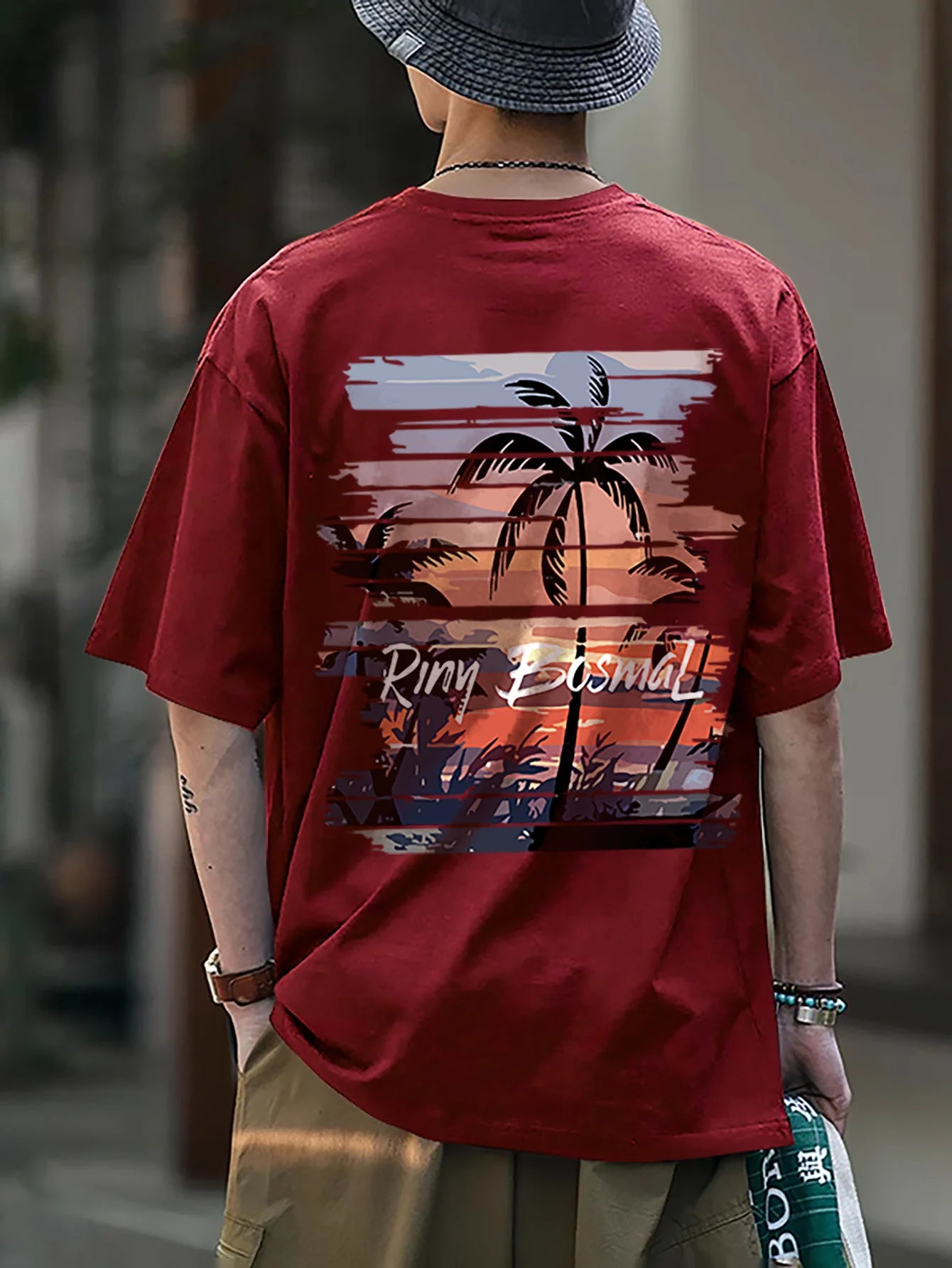 Men's 100% Cotton Casual Palm Tree Printed Short Sleeve T-Shirt