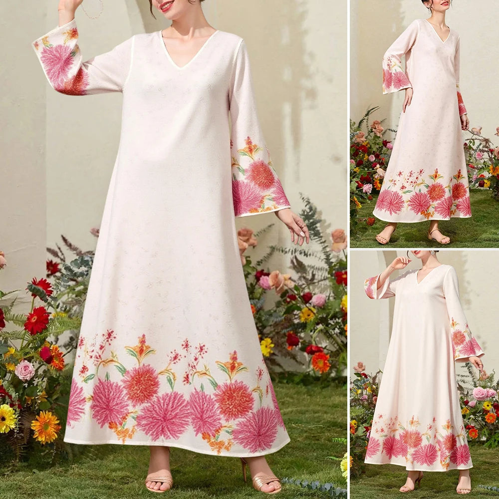 Rafiah Women's Dresses Summer Elegant 2025 Daily Long Sleeve V-Neck A-Line Midi Vacation Long Dresses