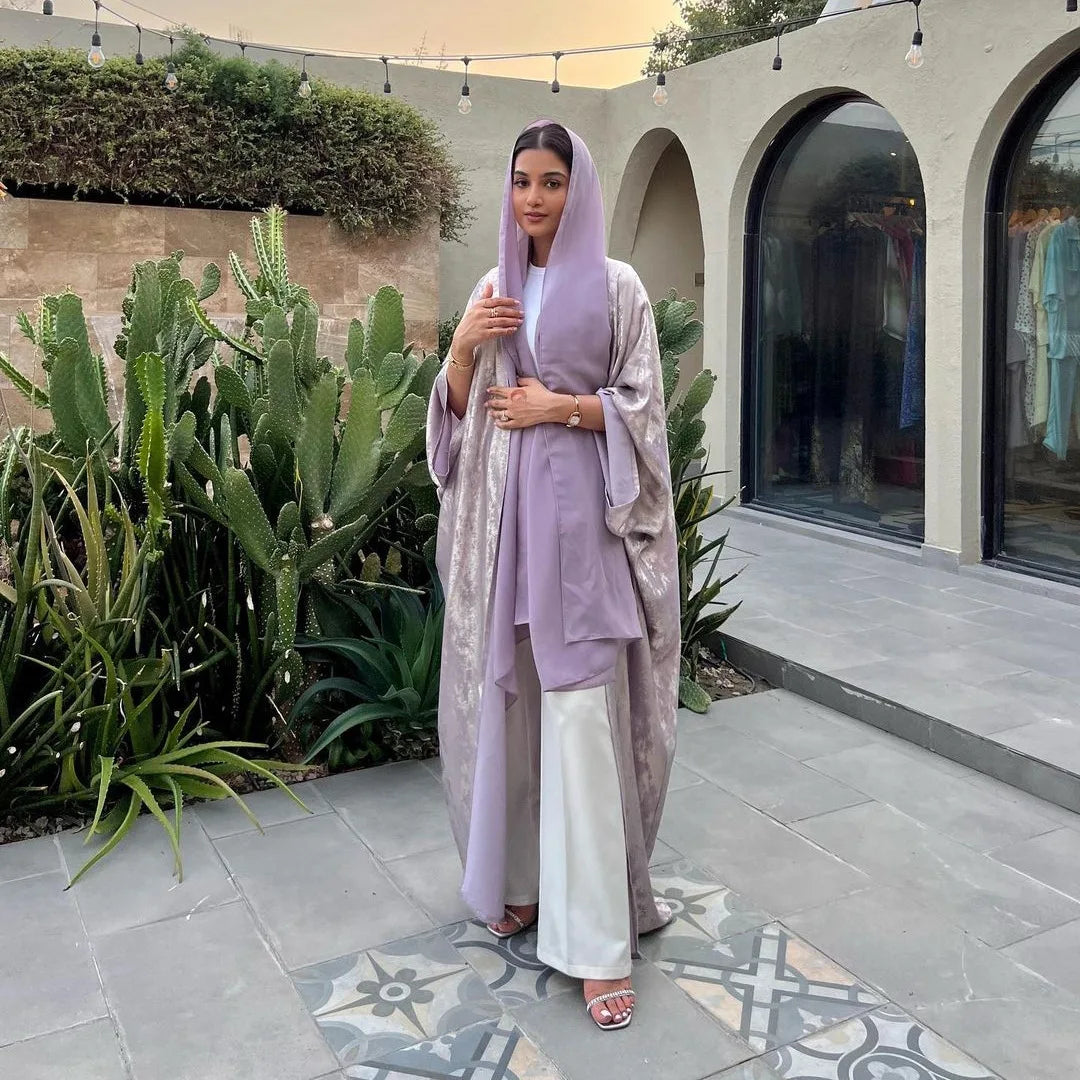 Dubai Luxury Shiny Satin Open Kimono Abaya – Muslim Kaftan Dress for Women