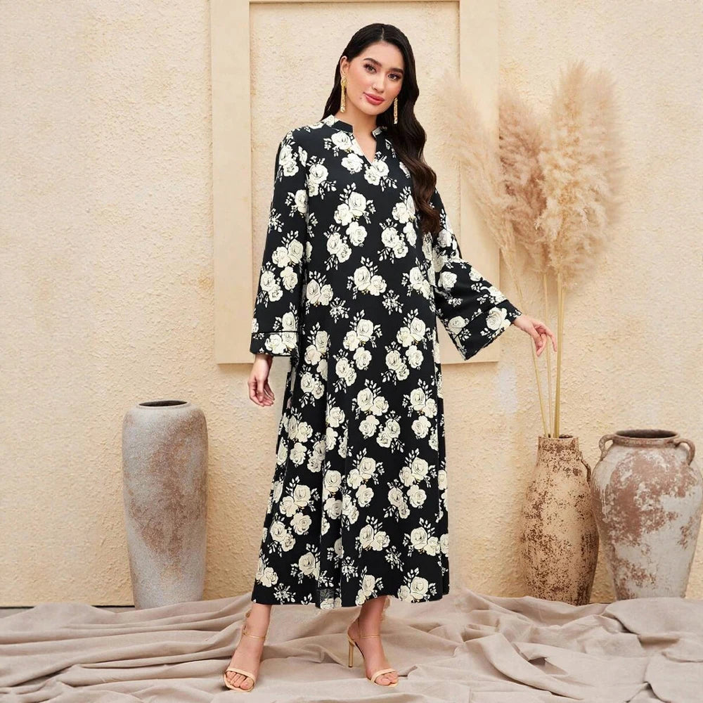 Rafiah Women's Long Dresses Summer Elegant 2025 Full Print Floral Long Sleeve Shirt Collar A-Line Midi Vacation Dresses