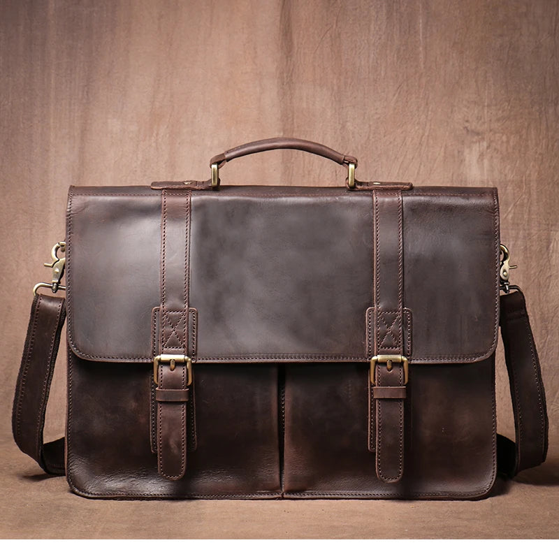 LUOKIR Vintage Crazy Horse Briefcase Travel Genuine Leather Handbag Luxury Men's Messenger Computer Shoulder Bag 14 Inch Laptop