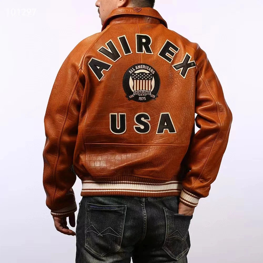AVIREX new men's genuine leather jacket France 1.5 mm thick sheepskin embroidered crocodile pattern flight suit baseball coat
