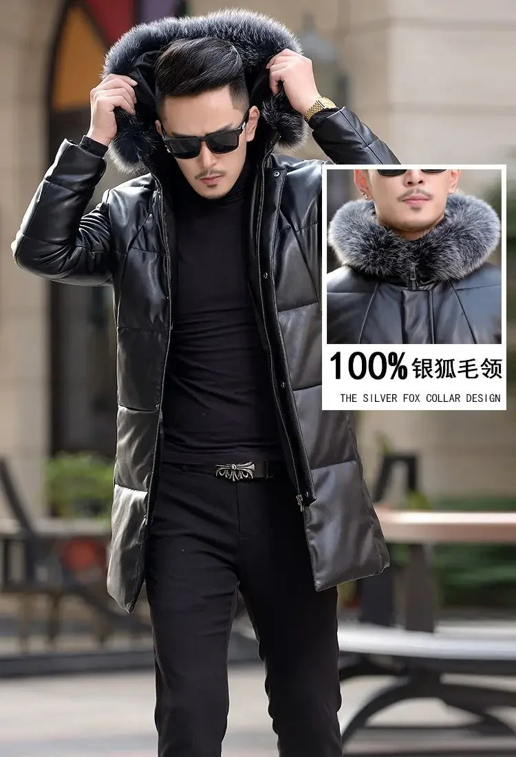 Down Jacket Genuine Leather Jacket Men's Mid Length Slim Fit Hooded Sheepskin Coat Man Puffer Jacket Winter Thicken Windbreaker