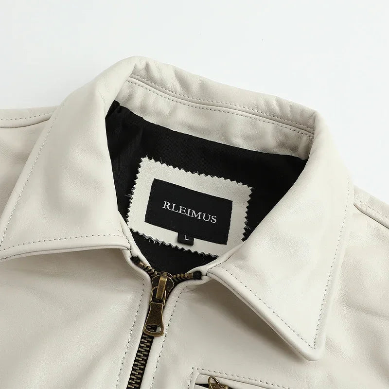 Men's Genuine Leather Jacket White Lapel Calfskin Jacket Natural Cowhide Men's Coat Slim Fit Top Layer Cowhide Biker Jacket