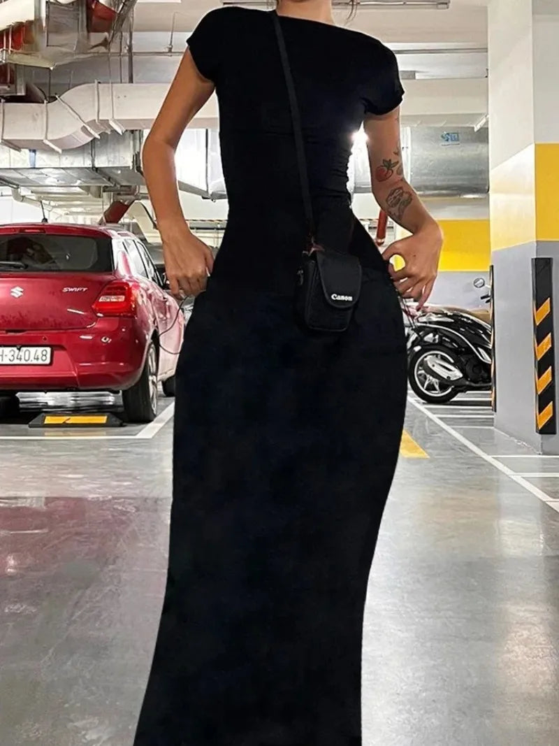 Women Solid Sexy Backless Maxi Dress Women Elegant Elastic Slim Short Sleeve Long Dresses Female Bodycon Streetwear Clothing