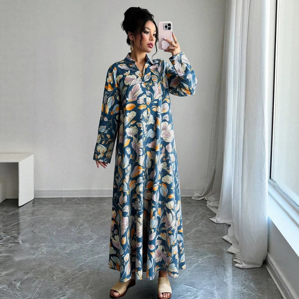 Plus Size Rafiah Women's Summer Arabian Dress 2025 Botanical Print A-Line Long Sleeve Lapel Draped Long Dress