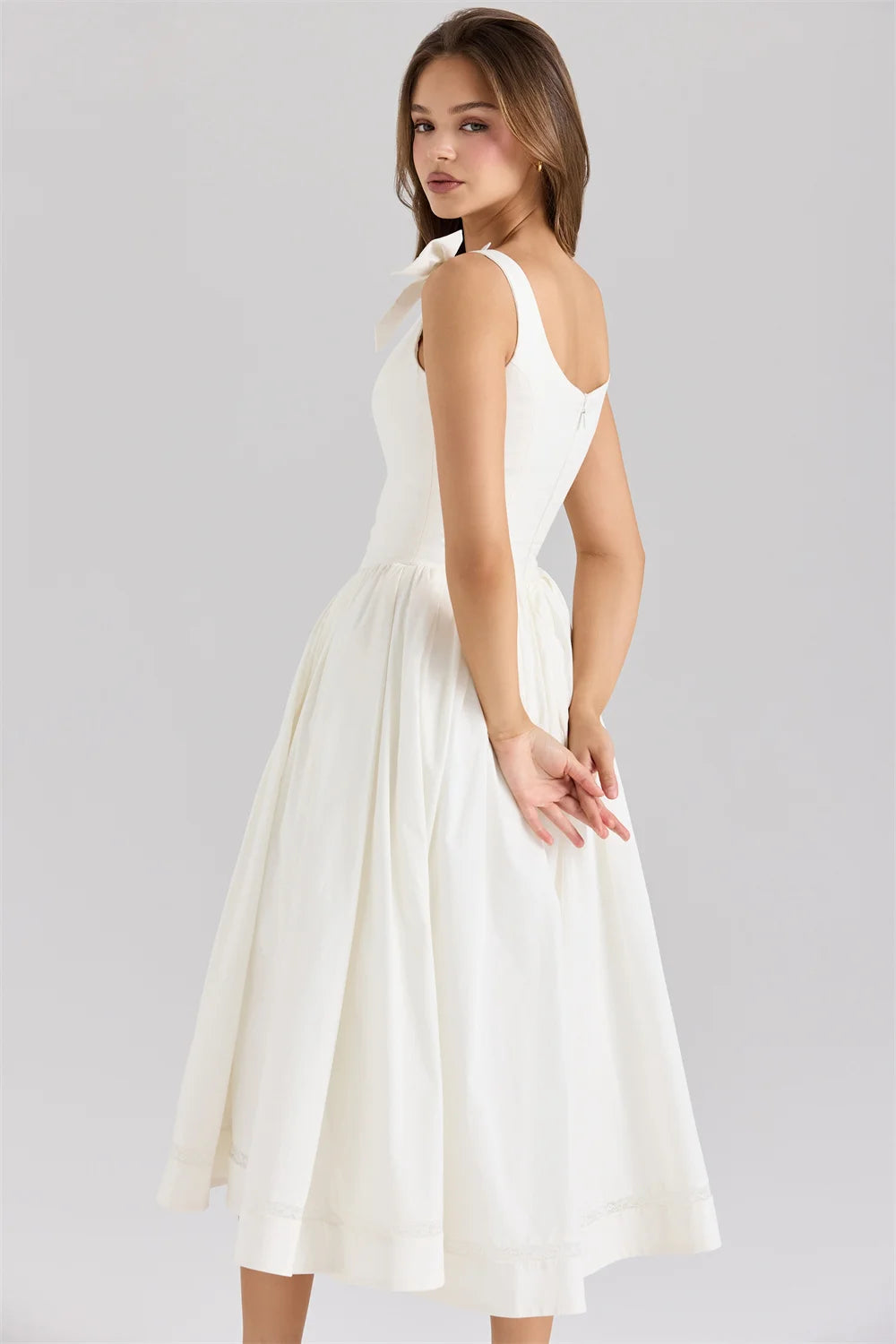 Mila White Square Collar Customized Party Dresses A-Line Sleeveless Bow Straps Prom Dresses Chic Zip Tra-length Evening Dresses