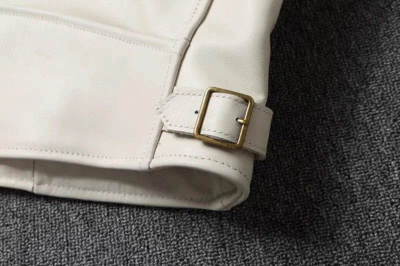 Men's Genuine Leather Jacket White Lapel Calfskin Jacket Natural Cowhide Men's Coat Slim Fit Top Layer Cowhide Biker Jacket