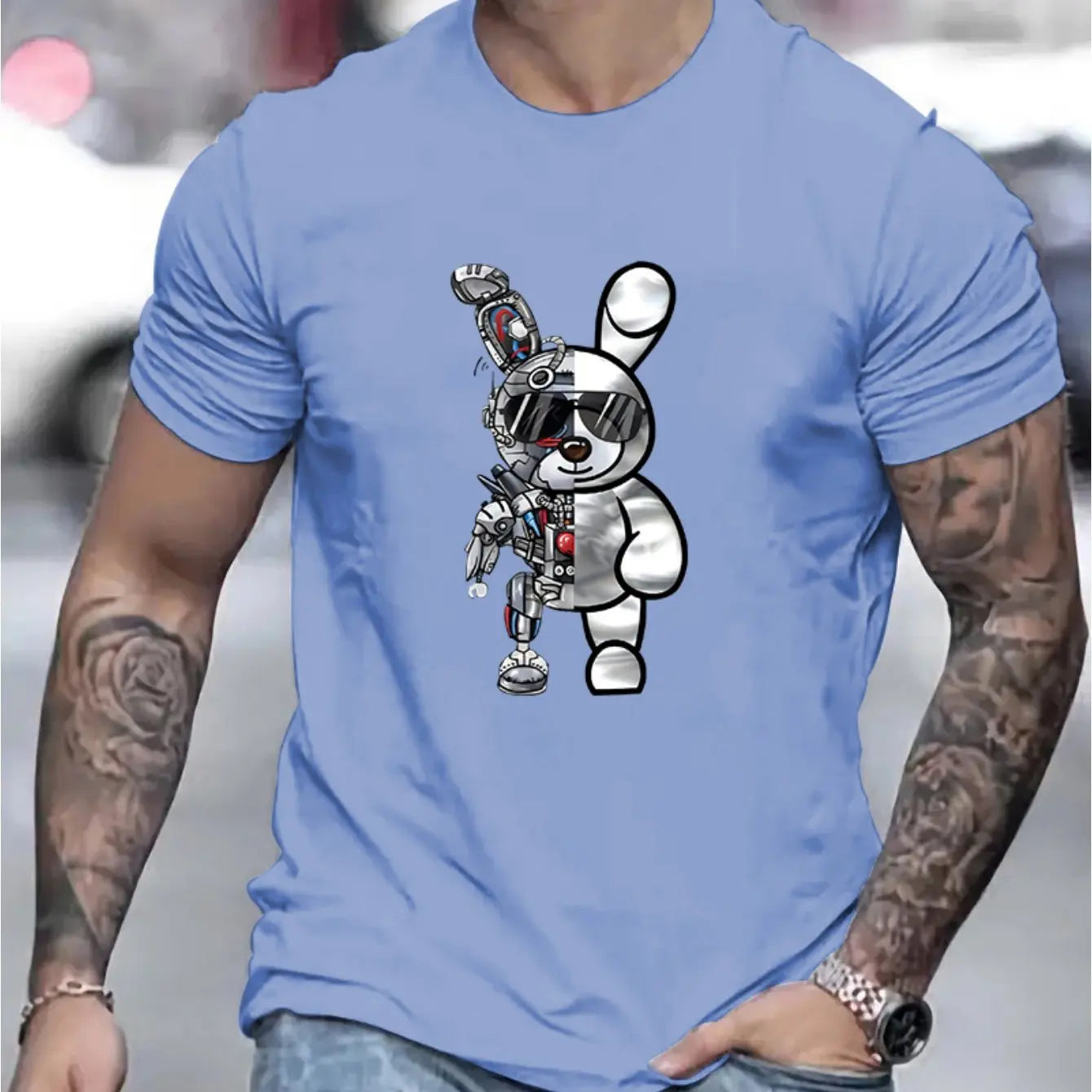Men's summer 100 cotton fashionable casual loose cartoon mechanical Robot 🤖 Rabbit pattern printed round neck short sleeved T-shirt top