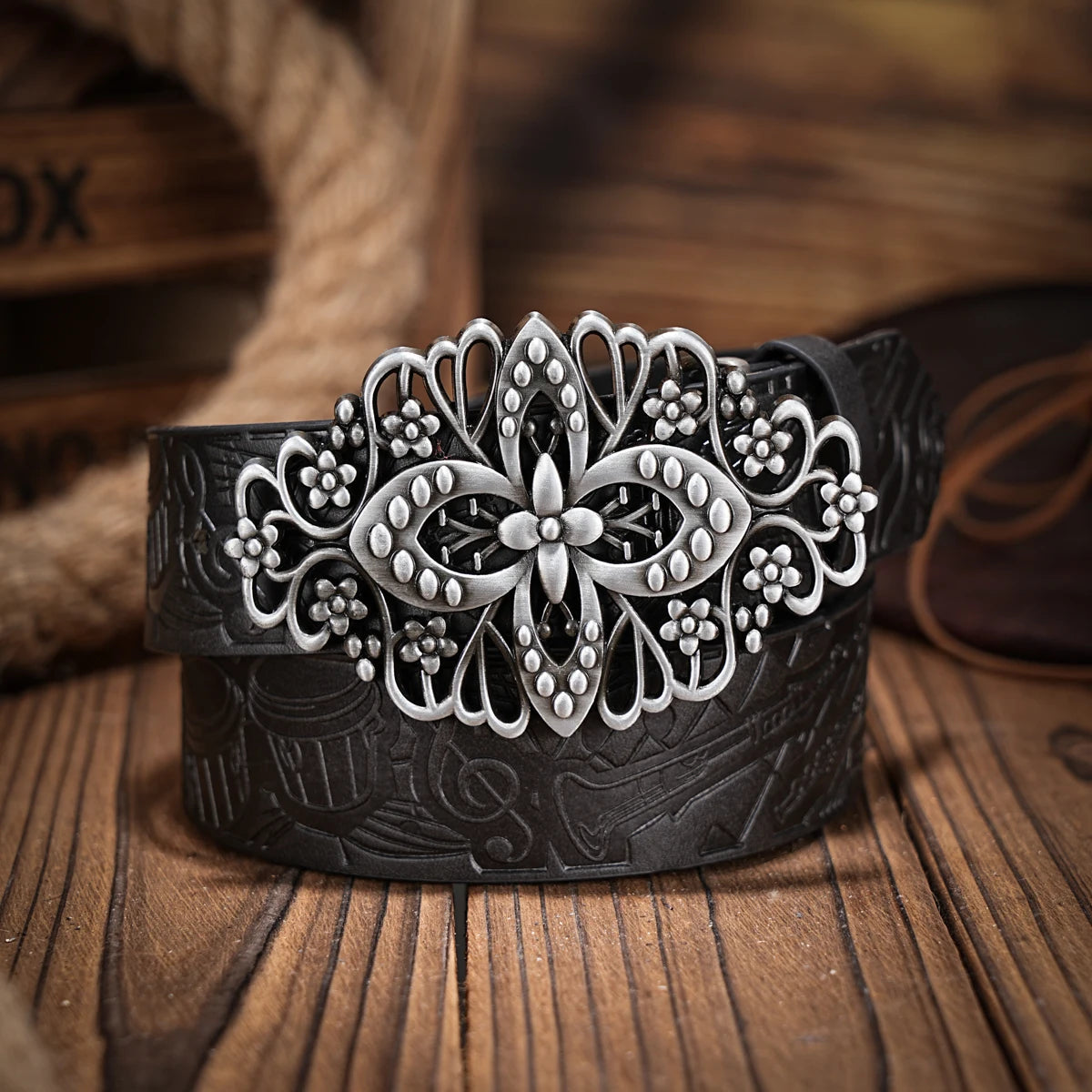 Western denim PU Belt - men's decorative printed carved denim waistband