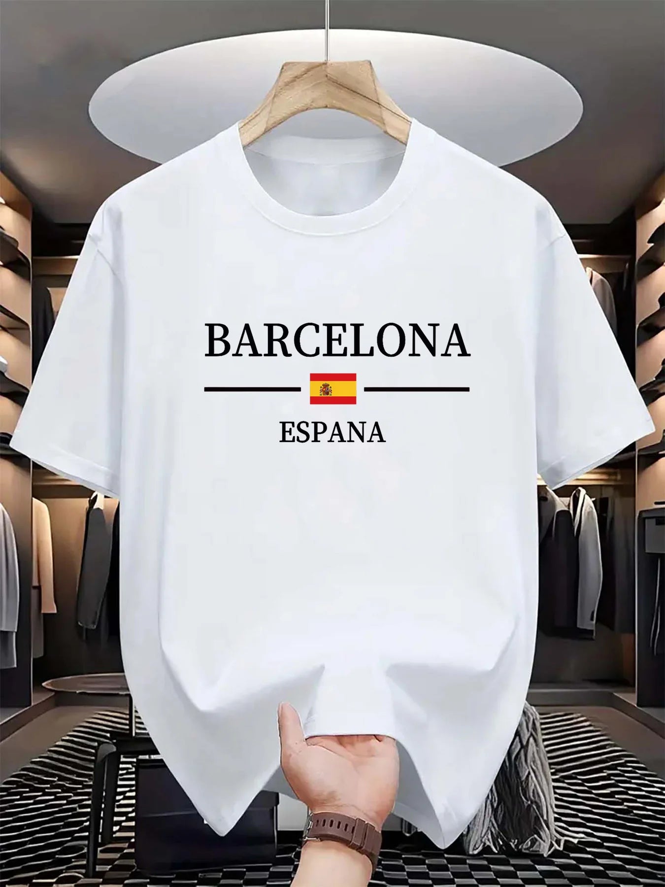 Summer men's 100% pure cotton casual sports loose Barcelona Spanish letter printed comfortable round neck short sleeved T-shirt