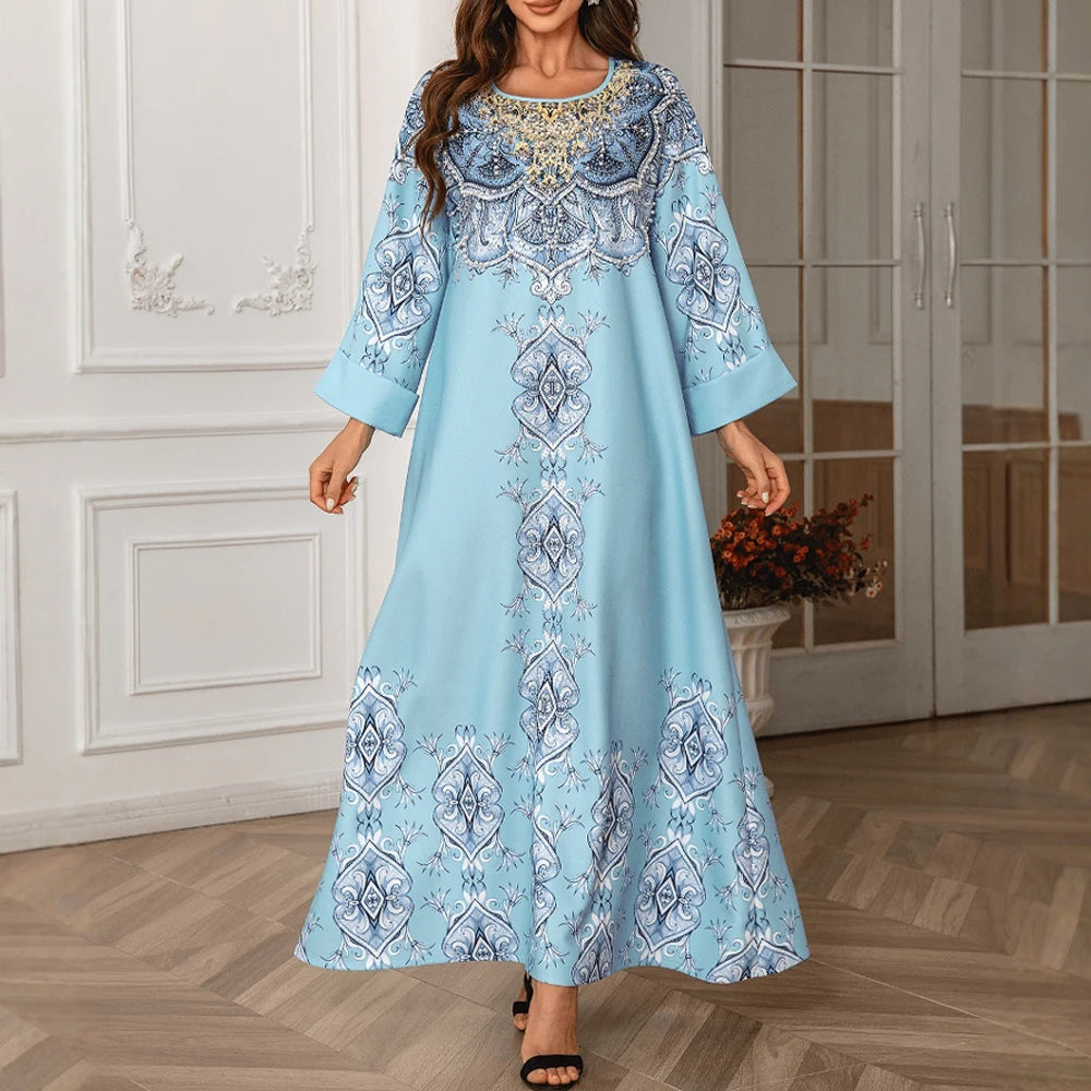 Rafiah Summer Dress 2025 Women's Arabian Opulent Geometric Print Rolled Long Sleeve Round-Neck A-Line Basics Midi Dress