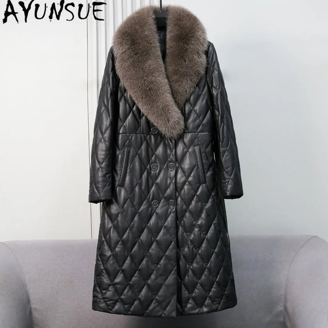AYUNSUE Fox Fur Collar Genuine Leather Down Jacket Women Winter Clothes 2025 Mid-length Sheepskin Coat for Woman Jaqueta Couro