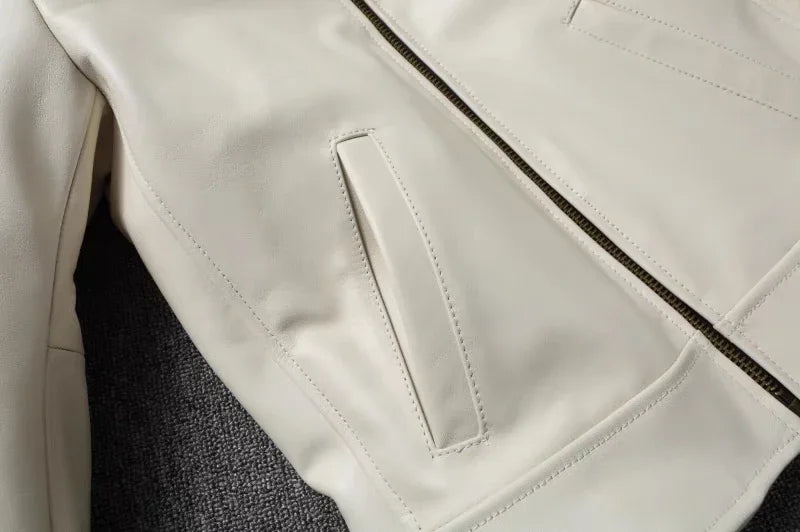 Men's Genuine Leather Jacket White Lapel Calfskin Jacket Natural Cowhide Men's Coat Slim Fit Top Layer Cowhide Biker Jacket