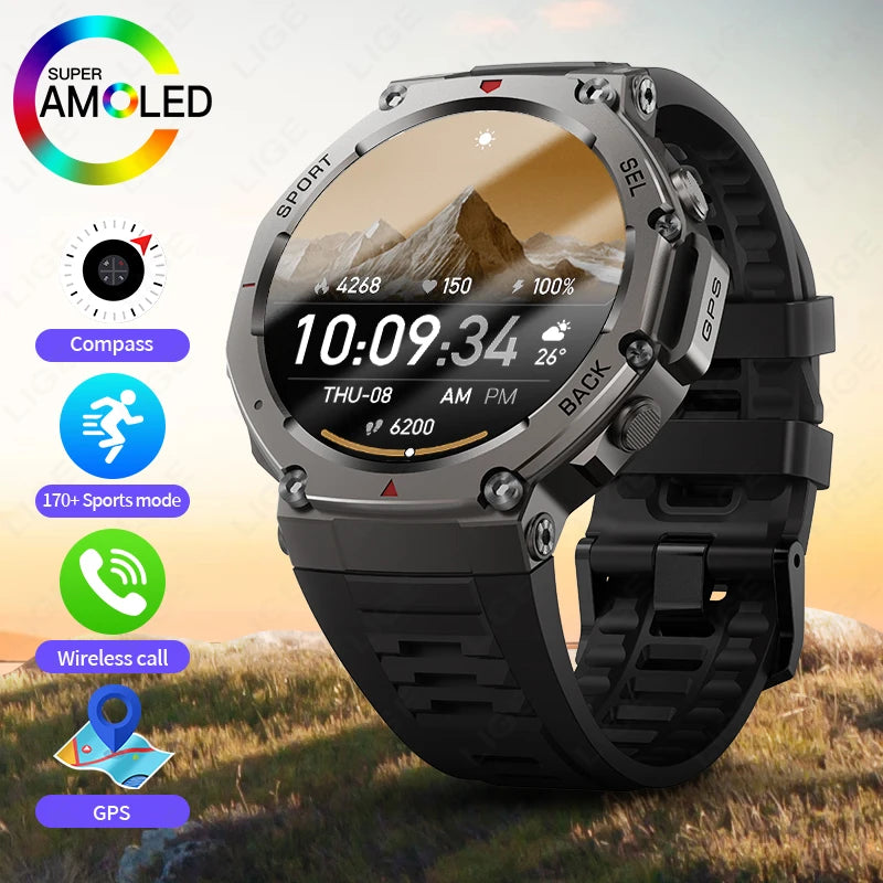 LIGE Fashion Smart Watch Bulit-in GPS Compass Altimeter Barometric 5ATM Waterproof AMOLED Screen Bluetooth Call Sport Smartwatch
