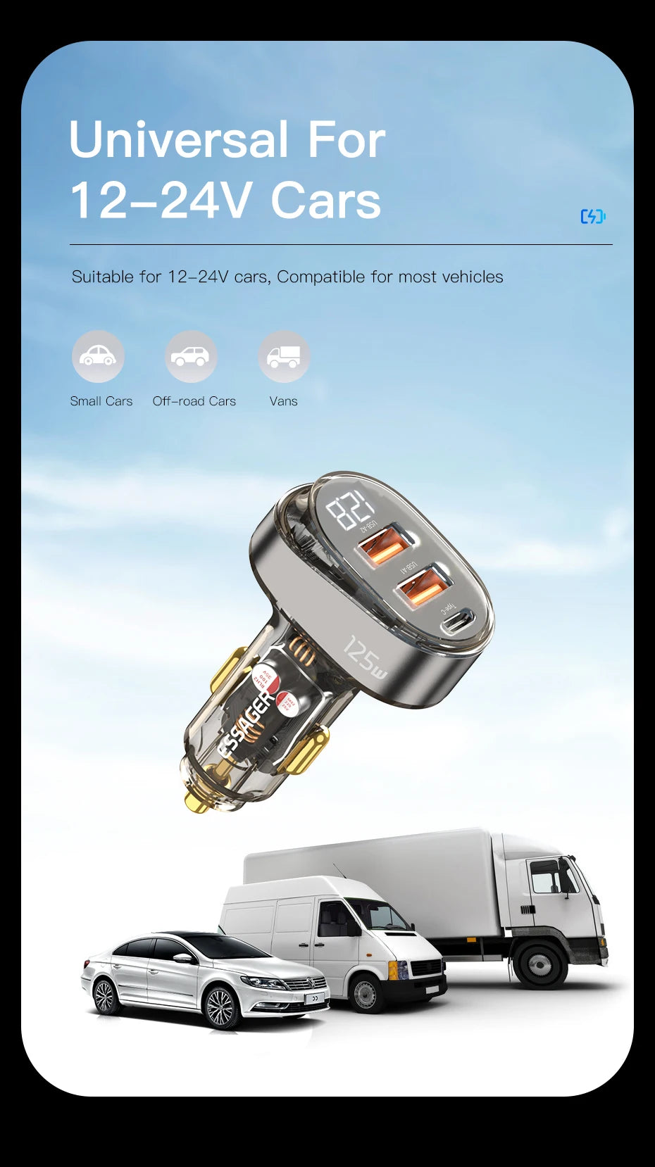 Essager 125W Digital Display Fast Car Charger For iPhone iPad MacBook USB A C Quick Charger For Huawei Honor Xiaomi Samsung OPPO