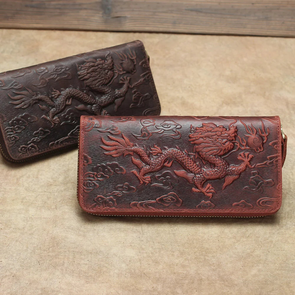 MOTAORA Chinese Style Creative Design Wallet Unisex Retro Embossed Wallets Dragon Pattern Long Men Card Holder Handmade Purse