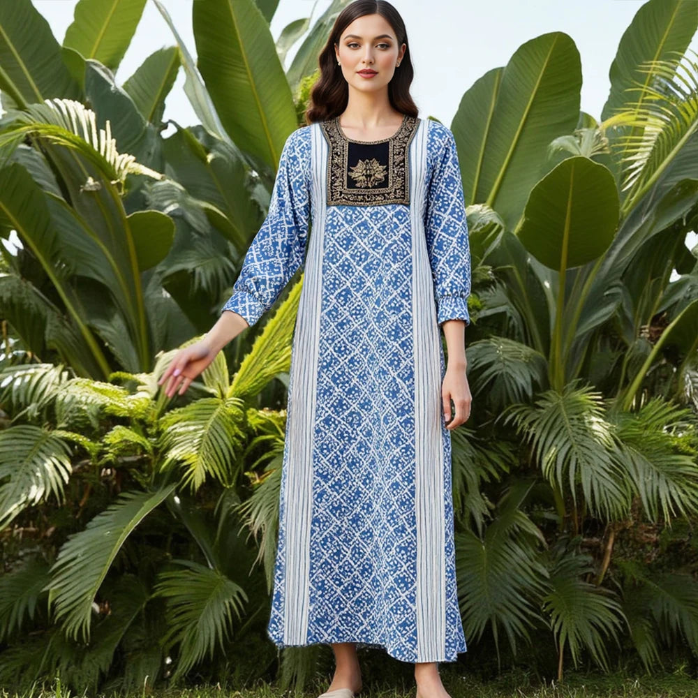 Rafiah Summer Arabian Dress 2025 Classic Patchwork Full Print Long Sleeve Crew Neck Midi A-Line Long Dress For Women