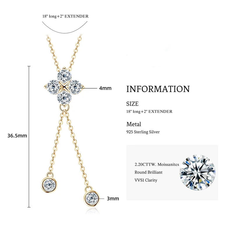 Lnngy Niche Light Tassel Pendant Moissanite Necklace 925 Sterling Silver Four-leaf Flower Necklaces for Women 2024 Trend Jewelry