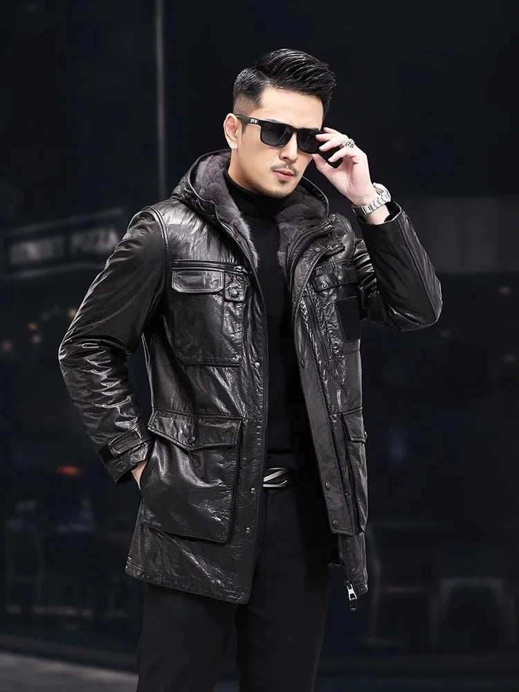Men’s Oil Wax Cowhide Leather Jacket – Slim Fit Winter Cargo Coat with Mink Fur Lining & Hood