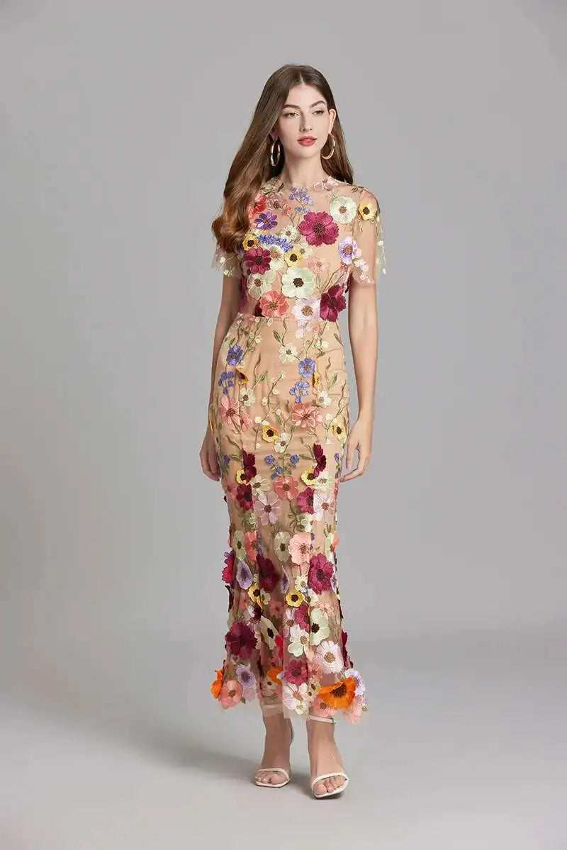 French Luxury 3D Flower Fishtail Lace Prom Dress – Women's Summer Short Sleeve Midi Evening Dress