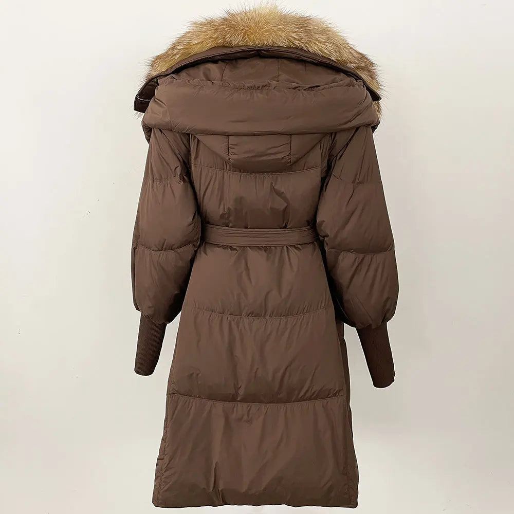 2025 Autumn Winter Women Coat Real Natural Fox Fur Long Down Jacket Thick Warm Casual Hooded White Duck Down Elegant Overwears